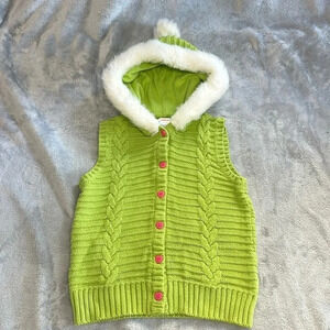 ⭐️ Gymboree -  Green knit sweater vest with fur trim hood. Size 7-8